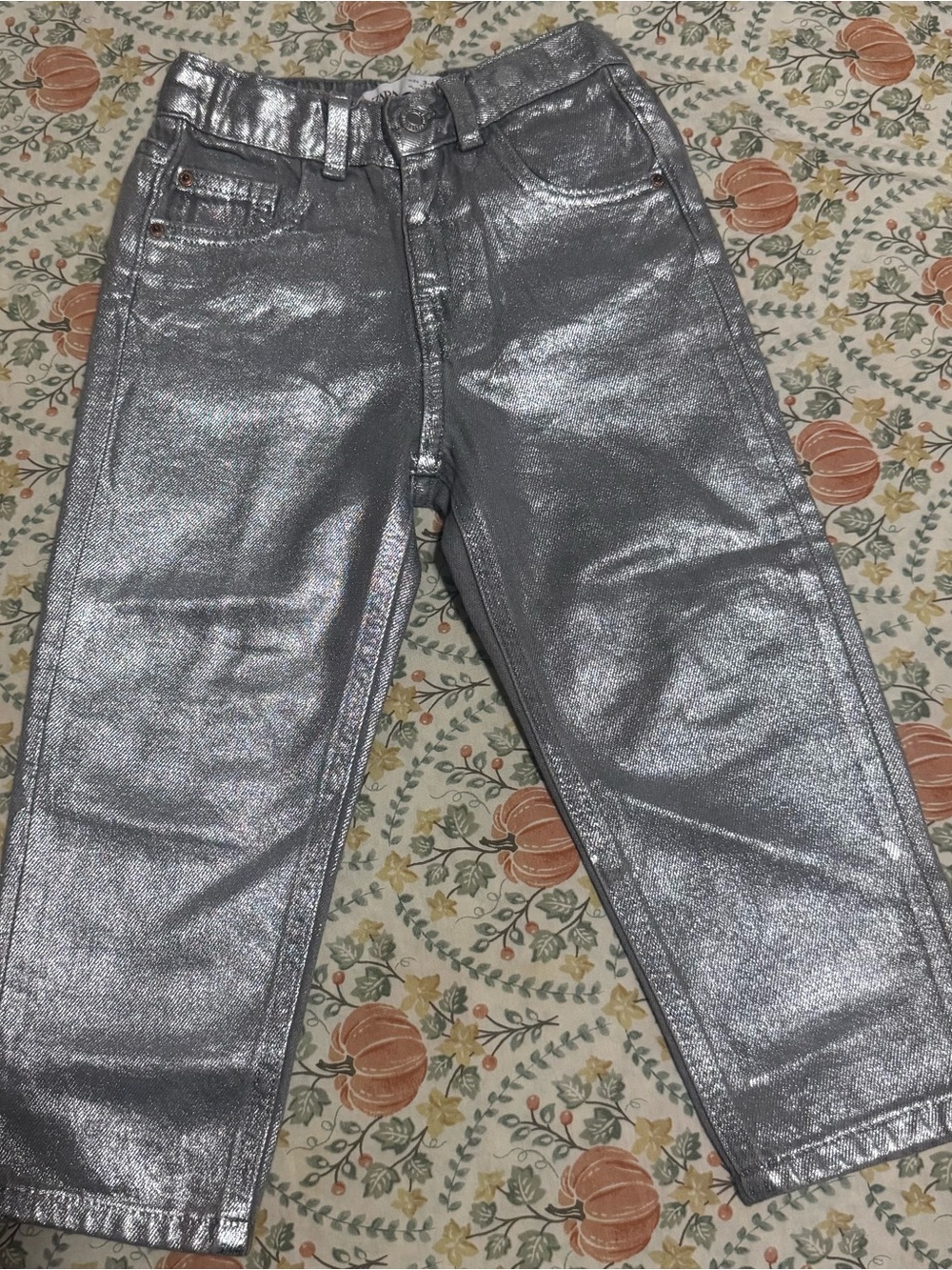 ZARA Girls Metallic Silver Jeans Size 3-4 Years 104cm Adjustable Waist Denim